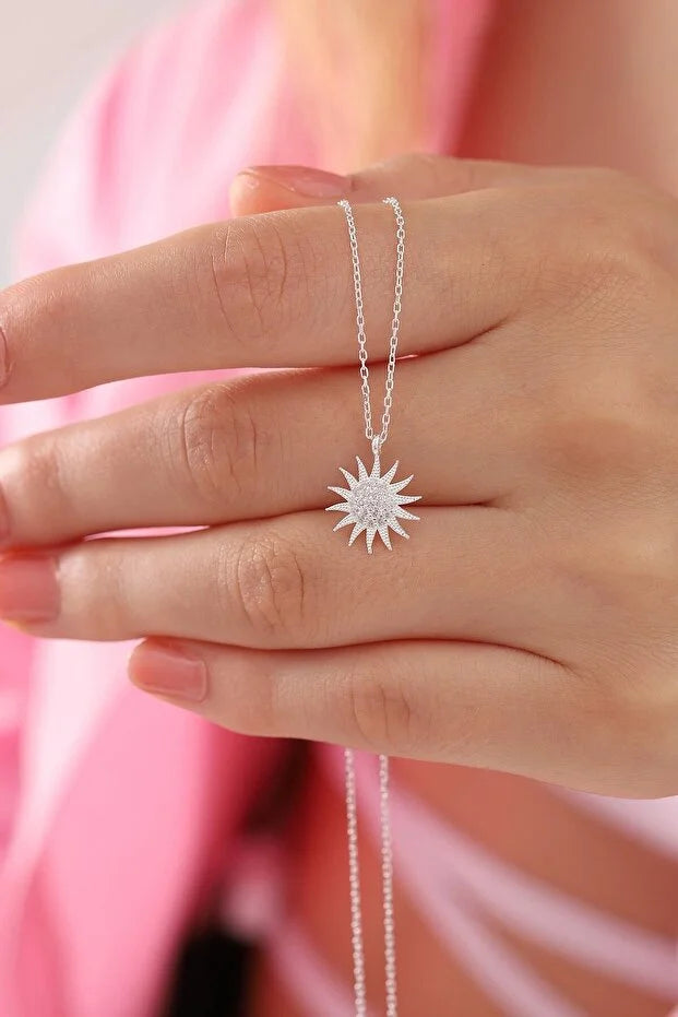 Sterling Silver Sun Pendant Necklace with White Zircon Stone