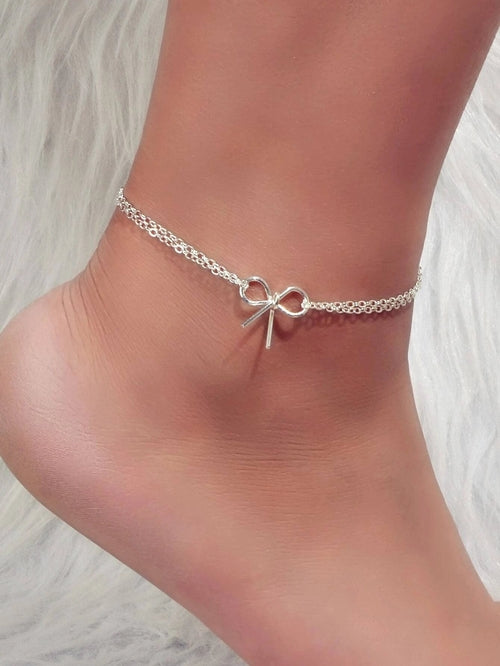 Minimalist Summer Gold Silver Bow Double Layer Chain Anklet Holiday