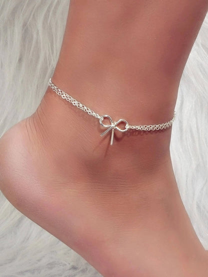 Minimalist Summer Gold Silver Bow Double Layer Chain Anklet Holiday