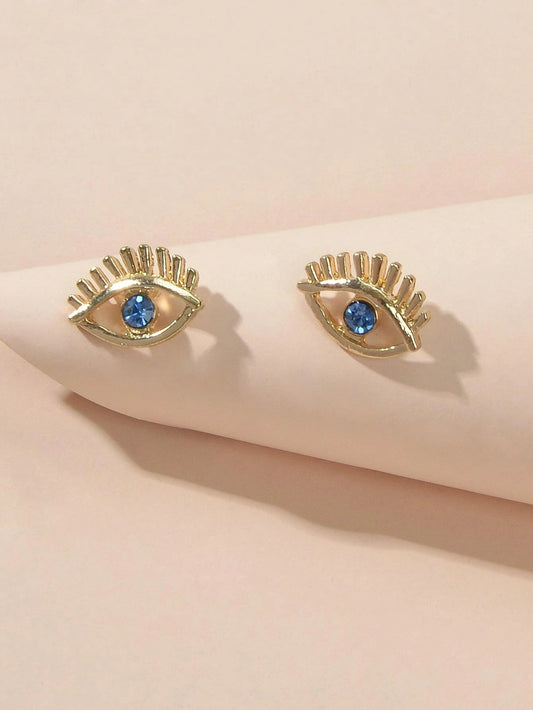 Blue Hotpink Rhinestone Decor Eye Shape Stud Earrings Women Girls