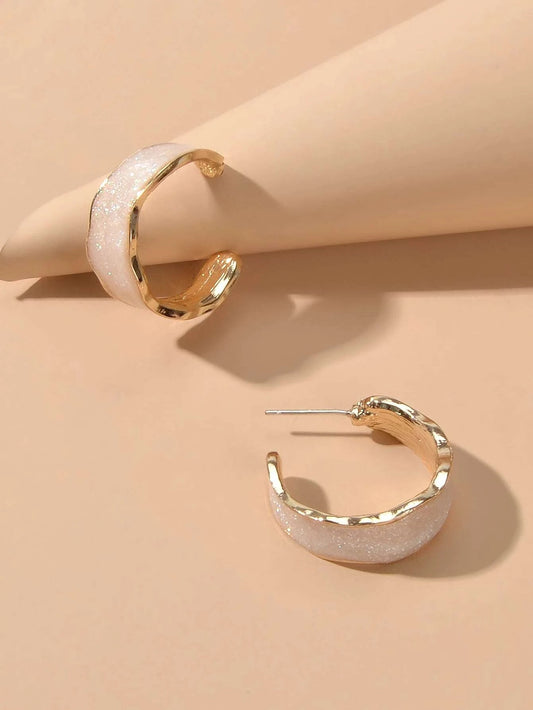 Pink Enamel Circle Shining Hoop Earrings C Shape Stud Teens Textured