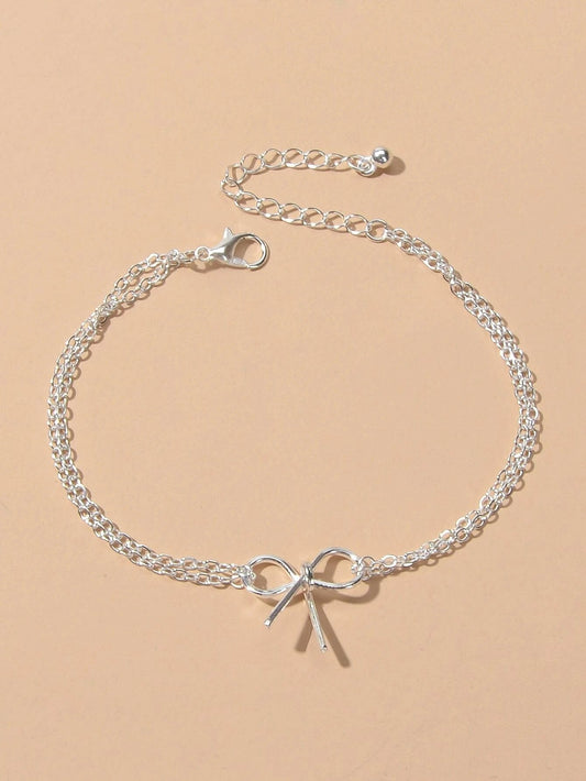 Minimalist Summer Gold Silver Bow Double Layer Chain Anklet Holiday