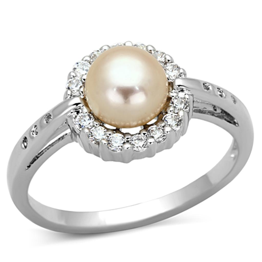 Rhodium Brass Ring with Synthetic Pearl in White