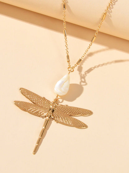 Boho Chic Style Long Chain Shell Dragonfly Charm Trendy Necklace