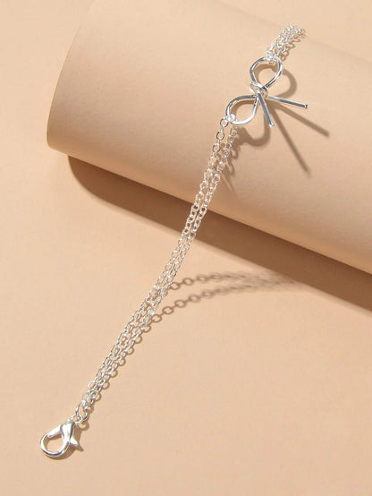 Minimalist Summer Gold Silver Bow Double Layer Chain Anklet Holiday