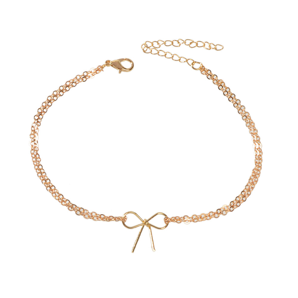 Minimalist Summer Gold Silver Bow Double Layer Chain Anklet Holiday
