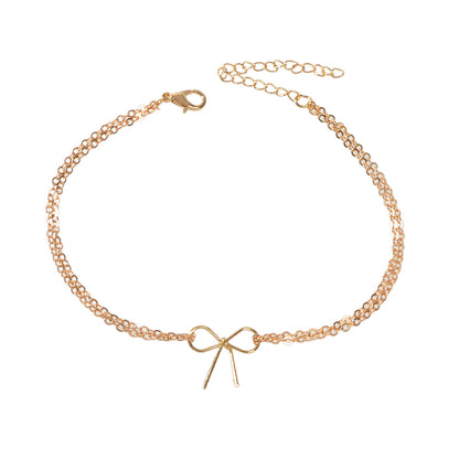 Minimalist Summer Gold Silver Bow Double Layer Chain Anklet Holiday