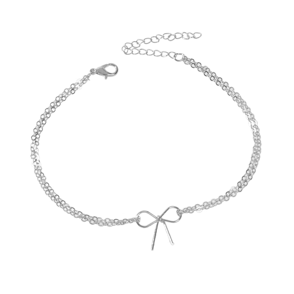 Minimalist Summer Gold Silver Bow Double Layer Chain Anklet Holiday