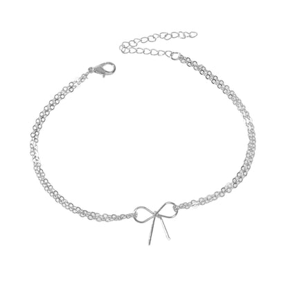 Minimalist Summer Gold Silver Bow Double Layer Chain Anklet Holiday