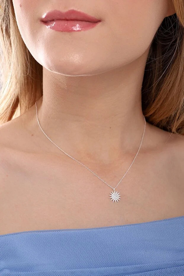 Sterling Silver Sun Pendant Necklace with White Zircon Stone