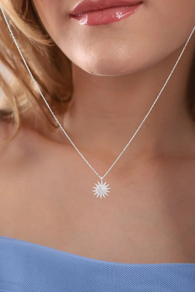 Sterling Silver Sun Pendant Necklace with White Zircon Stone