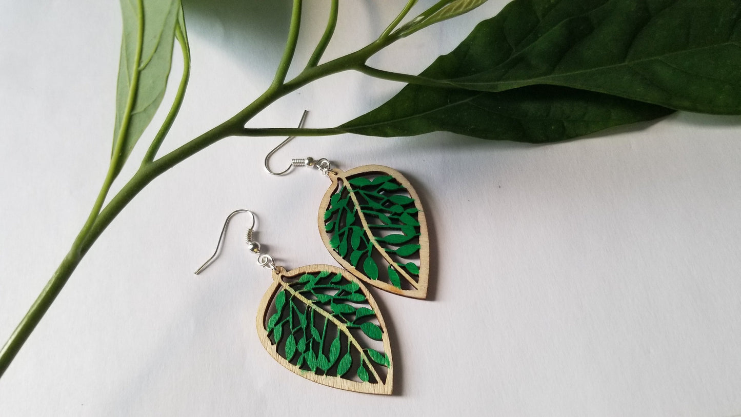 Statement wooden leaf earring