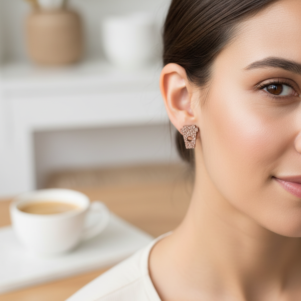 Lifestyle shot of coffee cup earrings on model