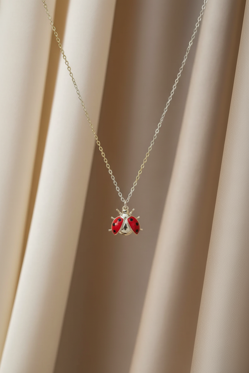 Sterling Silver Ladybug Necklace - Curtain Background